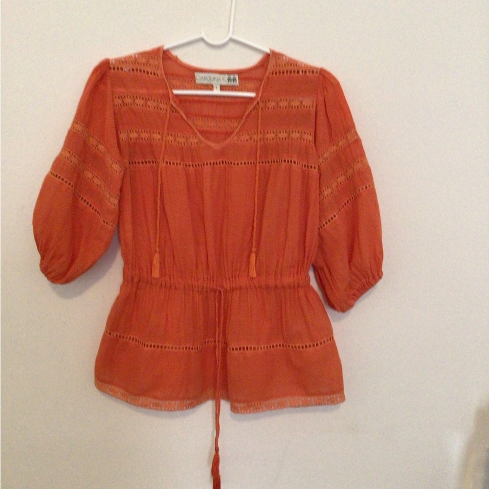 Carolina K Coral Boho Crochet Blouse 100% Cotton Gauze Sz L
